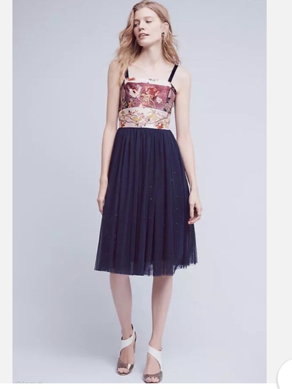 Anthropologie Floral Embroidered Bodice Navy Tulle Dress